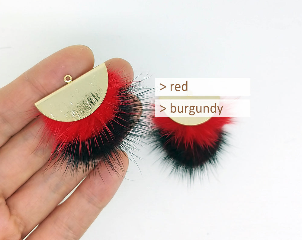 Double Fur Fan, 40mm Red & Burgundy, Natural Genuine Mink PomPom Tassel, ECT0038