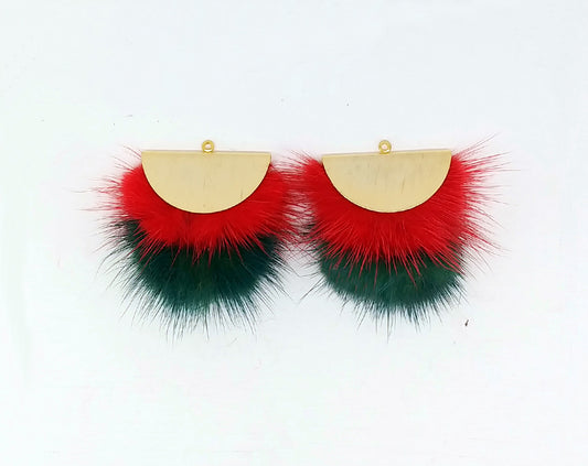 Double Fur Fan, 40mm Red & Teal, Natural Genuine Mink PomPom Tassel, ECT0038