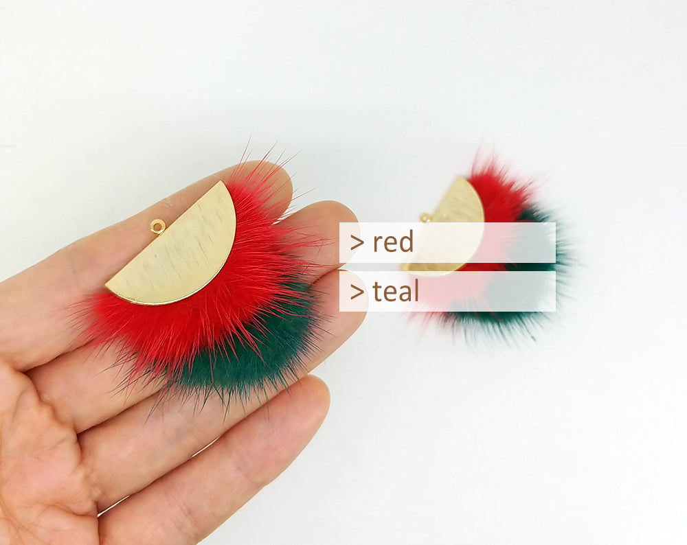 Double Fur Fan, 40mm Red & Teal, Natural Genuine Mink PomPom Tassel, ECT0038
