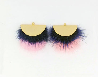 Double Fur Fan, 40mm Royal & Babypink, Natural Genuine Mink PomPom Tassel, ECT0038