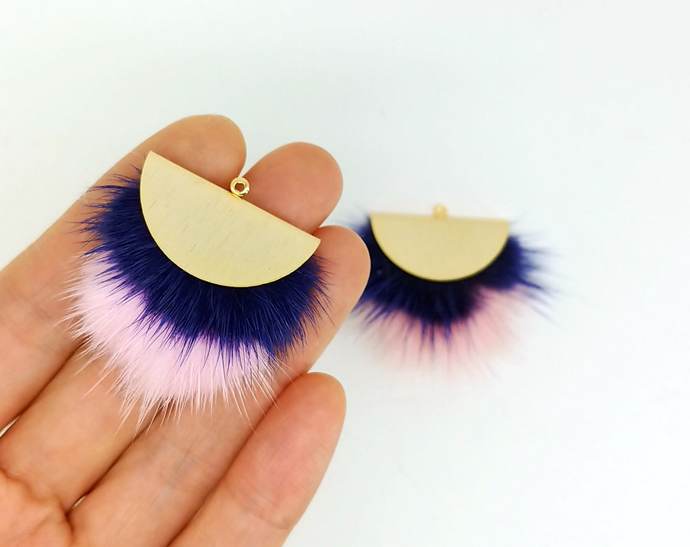 Double Fur Fan, 40mm Royal & Babypink, Natural Genuine Mink PomPom Tassel, ECT0038