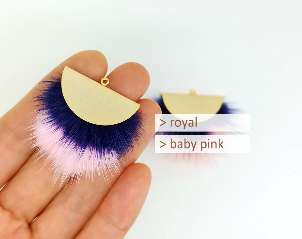 Double Fur Fan, 40mm Royal & Babypink, Natural Genuine Mink PomPom Tassel, ECT0038