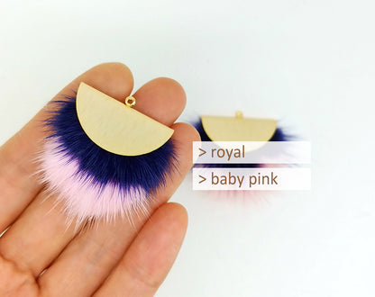 Double Fur Fan, 40mm Royal & Babypink, Natural Genuine Mink PomPom Tassel, ECT0038