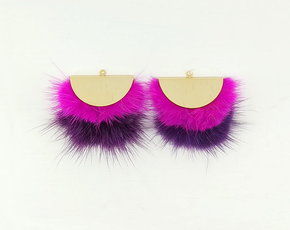 Double Fur Fan, 40mm Ruby & Purple, Natural Genuine Mink PomPom Tassel, ECT0038