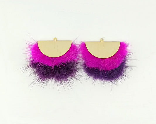 Double Fur Fan, 40mm Ruby & Purple, Natural Genuine Mink PomPom Tassel, ECT0038