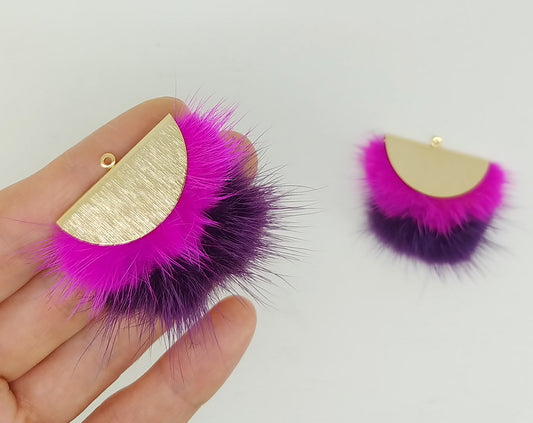 Double Fur Fan, 40mm Ruby & Purple, Natural Genuine Mink PomPom Tassel, ECT0038