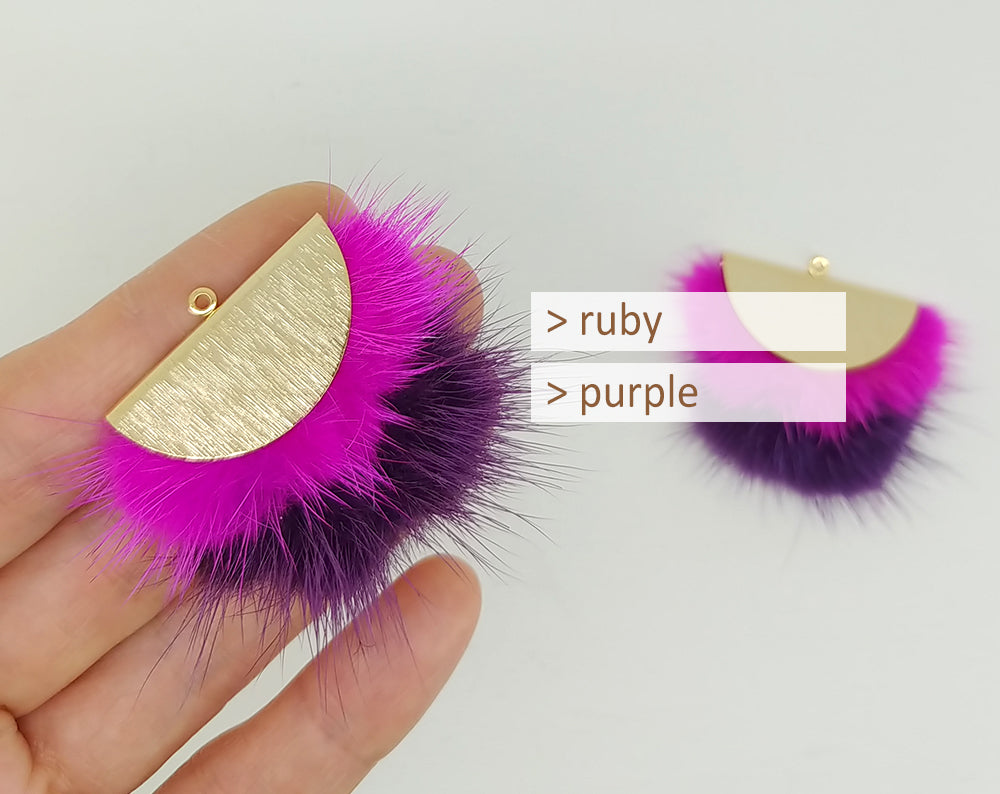Double Fur Fan, 40mm Ruby & Purple, Natural Genuine Mink PomPom Tassel, ECT0038