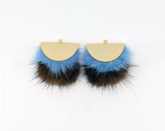 Double Fur Fan, 40mm Sky & Brown, Natural Genuine Mink PomPom Tassel, ECT0038
