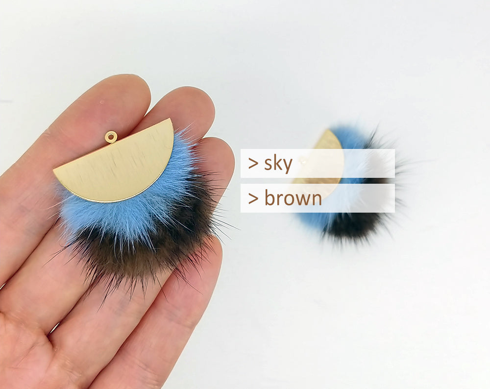 Double Fur Fan, 40mm Sky & Brown, Natural Genuine Mink PomPom Tassel, ECT0038