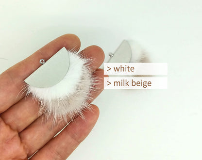 Double Fur Fan, 40mm White & Milkbeige, Natural Genuine Mink PomPom Tassel, ECT0038