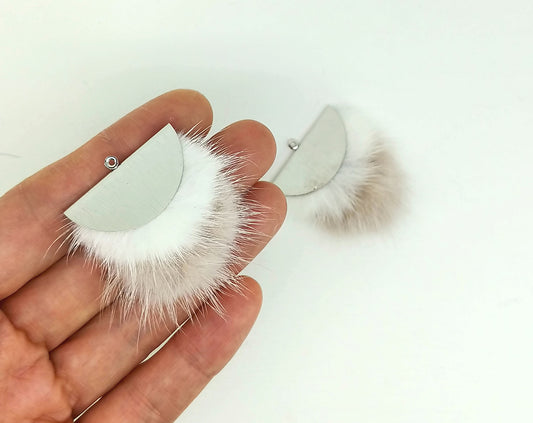 Double Fur Fan, 40mm White & Milkbeige, Natural Genuine Mink PomPom Tassel, ECT0038