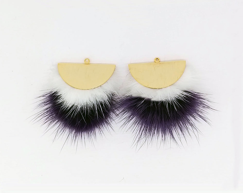 Double Fur Fan, 40mm White & Purple, Natural Genuine Mink PomPom Tassel, ECT0038
