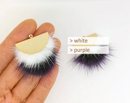 Double Fur Fan, 40mm White & Purple, Natural Genuine Mink PomPom Tassel, ECT0038