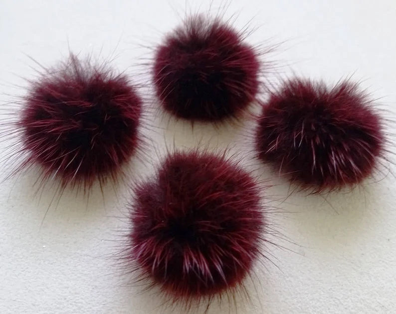 4 PCS - (no ring) Burgundy, 30mm Natural Genuine Mink PomPom Ball, ECT0009