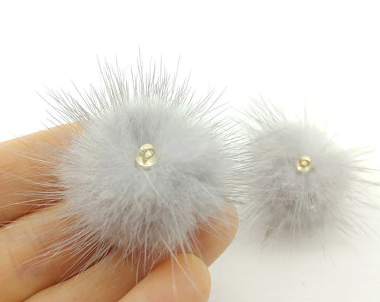 (ring) Gray, 30mm Mink Fur Ball, ECT0009R