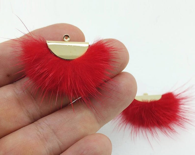 Red, 26mm Mink Fur Fan Cap Pendant, ECT0034