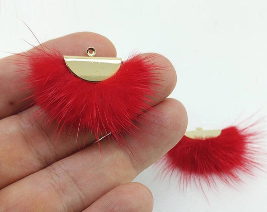 Red, 26mm Mink Fur Fan Cap Pendant, ECT0034