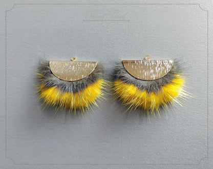 Double Fur Fan, 40mm Khaki & Yellow, Natural Genuine Mink PomPom Tassel, ECT0038
