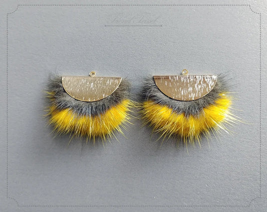 Double Fur Fan, 40mm Khaki & Yellow, Natural Genuine Mink PomPom Tassel, ECT0038