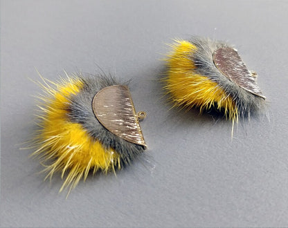 Double Fur Fan, 40mm Khaki & Yellow, Natural Genuine Mink PomPom Tassel, ECT0038