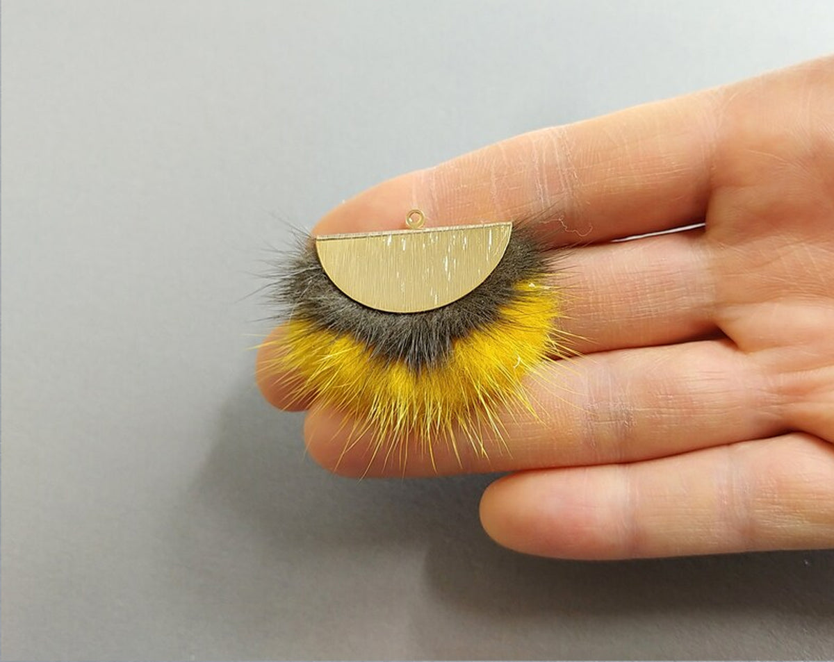 Double Fur Fan, 40mm Khaki & Yellow, Natural Genuine Mink PomPom Tassel, ECT0038