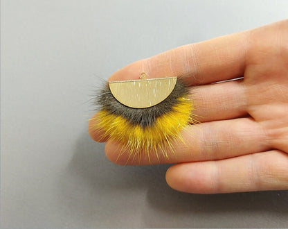 Double Fur Fan, 40mm Khaki & Yellow, Natural Genuine Mink PomPom Tassel, ECT0038
