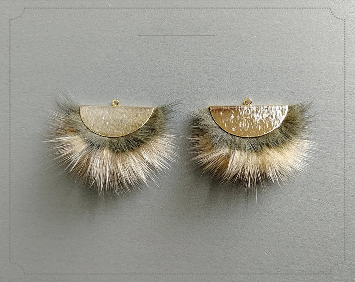Double Fur Fan, 40mm Khaki & Darkbeige, Natural Genuine Mink PomPom Tassel, ECT0038