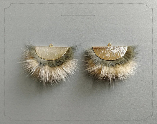 Double Fur Fan, 40mm Khaki & Darkbeige, Natural Genuine Mink PomPom Tassel, ECT0038