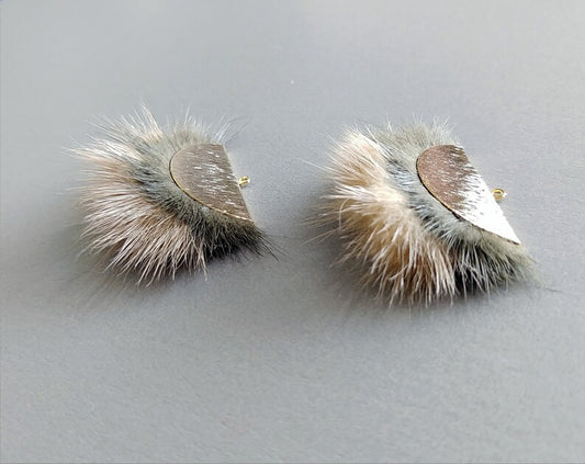 Double Fur Fan, 40mm Khaki & Darkbeige, Natural Genuine Mink PomPom Tassel, ECT0038