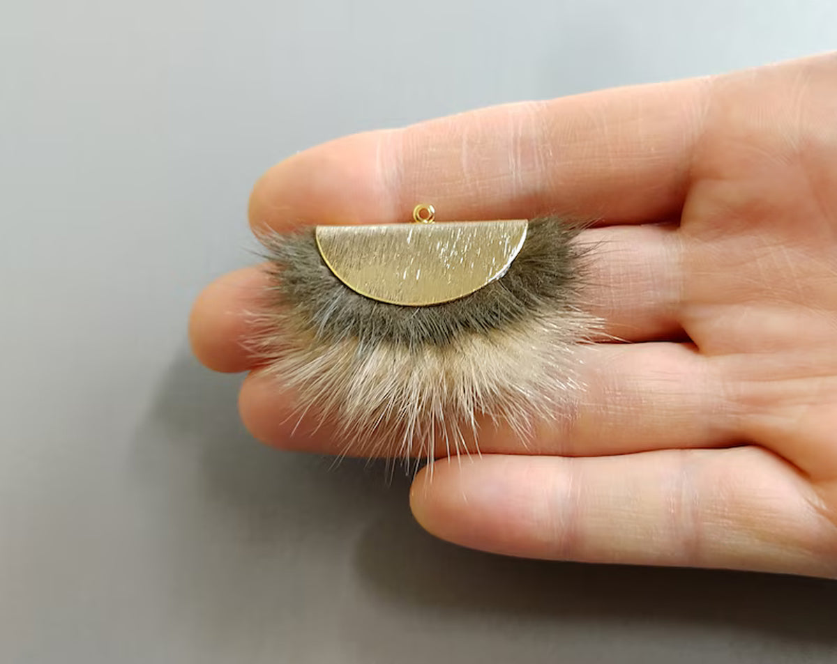 Double Fur Fan, 40mm Khaki & Darkbeige, Natural Genuine Mink PomPom Tassel, ECT0038