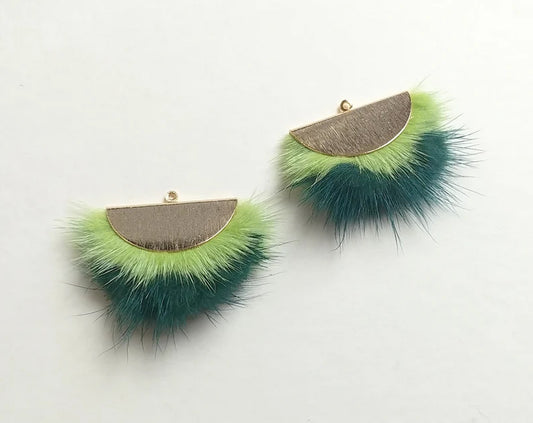 Double Fur Fan, 40mm Lime & teal, Natural Genuine Mink PomPom Tassel, ECT0038