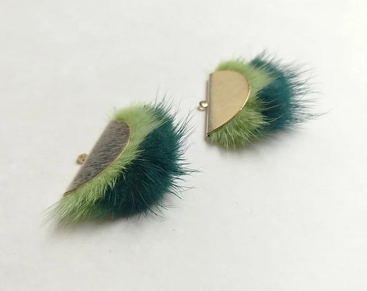 Double Fur Fan, 40mm Lime & teal, Natural Genuine Mink PomPom Tassel, ECT0038