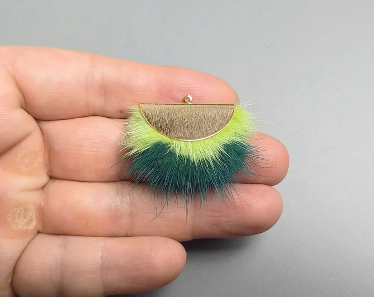 Double Fur Fan, 40mm Lime & teal, Natural Genuine Mink PomPom Tassel, ECT0038