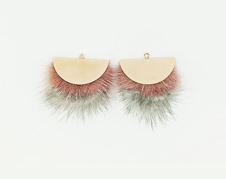 Double Fur Fan, 40mm indi pink & gray, Natural Genuine Mink PomPom Tassel, ECT0038