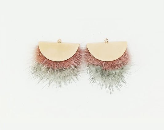 Double Fur Fan, 40mm indi pink & gray, Natural Genuine Mink PomPom Tassel, ECT0038