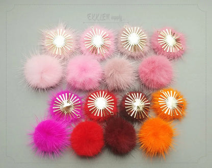(connector)  Pink Orange, 30mm Natural Genuine Mink PomPom Ball, ECT0086