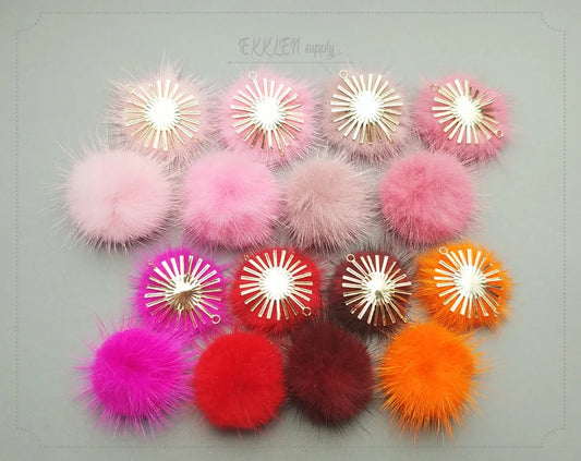 (connector)  Pink Orange, 30mm Natural Genuine Mink PomPom Ball, ECT0086