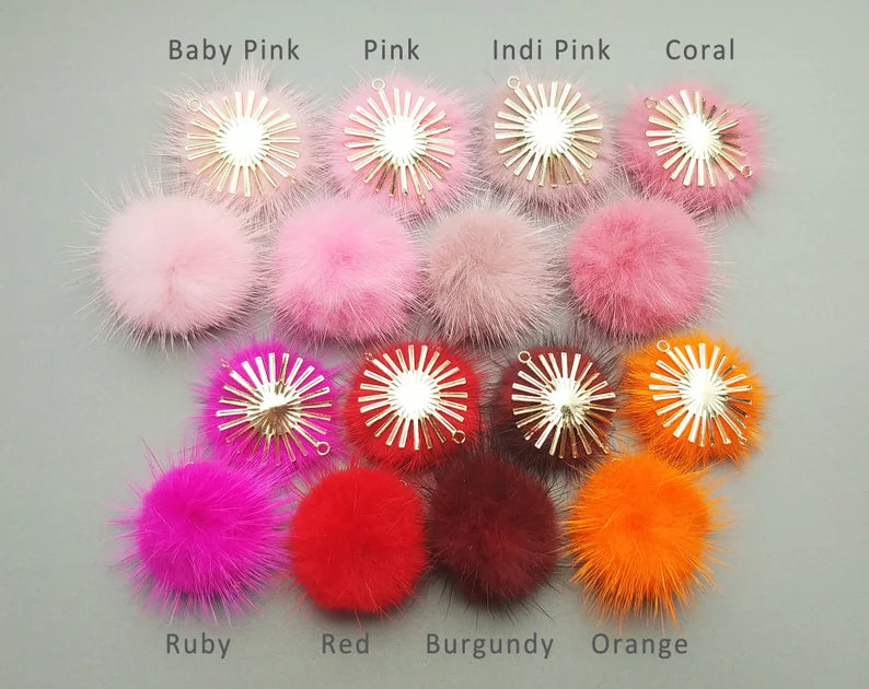 (connector)  Pink Orange, 30mm Natural Genuine Mink PomPom Ball, ECT0086