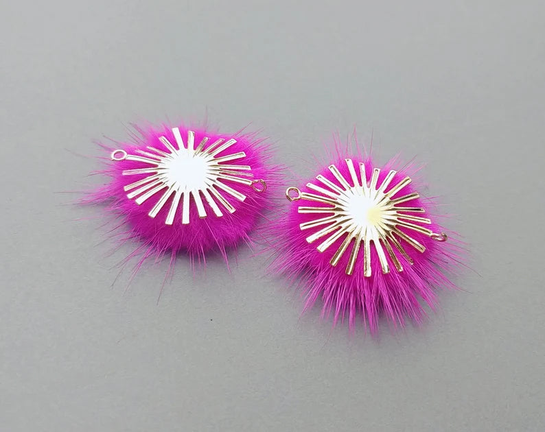 (connector)  Pink Orange, 30mm Natural Genuine Mink PomPom Ball, ECT0086