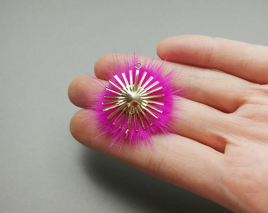 (connector)  Pink Orange, 30mm Natural Genuine Mink PomPom Ball, ECT0086