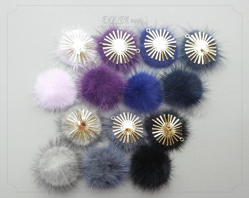 (connector) Purple Gray, 30mm Natural Genuine Mink PomPom Ball, ECT0086