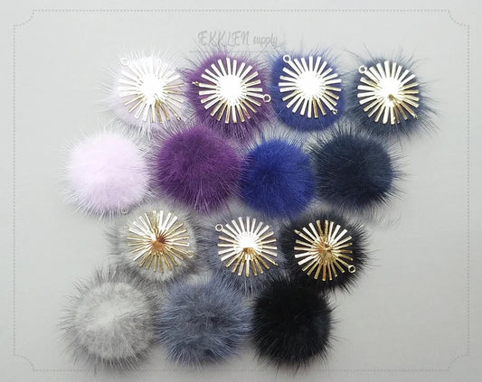 (connector) Purple Gray, 30mm Natural Genuine Mink PomPom Ball, ECT0086