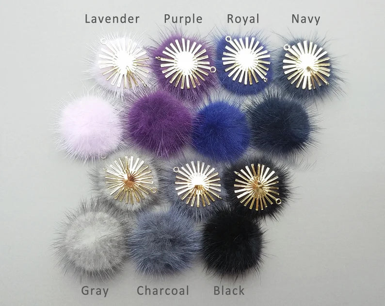 (connector) Purple Gray, 30mm Natural Genuine Mink PomPom Ball, ECT0086
