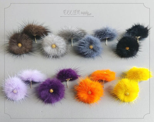 (brass stud) Brown Purple, 30mm Mink PomPom Post with Flower Stamen, ECT0009F