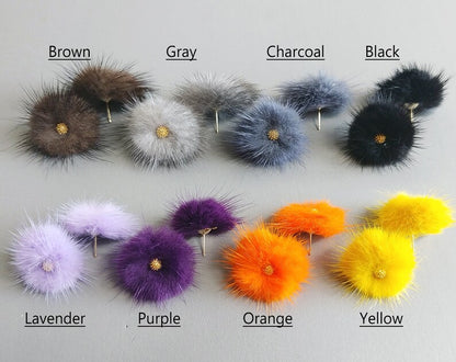 (brass stud) Brown Purple, 30mm Mink PomPom Post with Flower Stamen, ECT0009F
