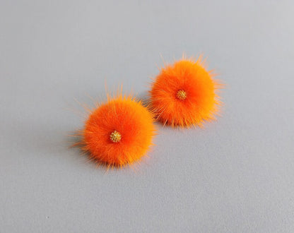 (brass stud) Brown Purple, 30mm Mink PomPom Post with Flower Stamen, ECT0009F
