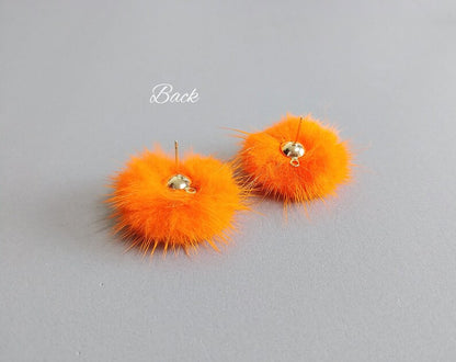 (brass stud) Brown Purple, 30mm Mink PomPom Post with Flower Stamen, ECT0009F