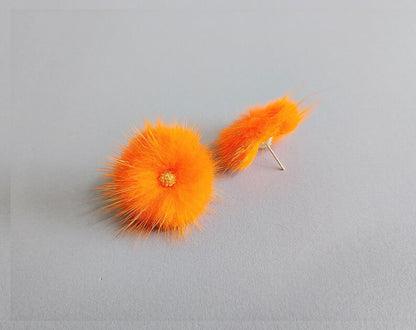 (brass stud) Brown Purple, 30mm Mink PomPom Post with Flower Stamen, ECT0009F