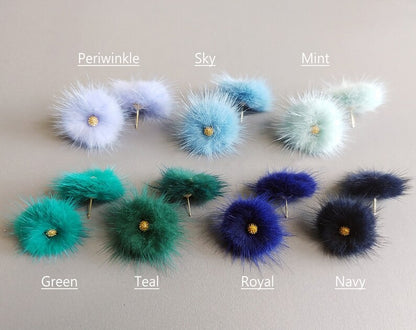 (brass stud) Bule Green, 30mm Mink PomPom Post with Flower Stamen, ECT0009F