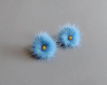 (brass stud) Bule Green, 30mm Mink PomPom Post with Flower Stamen, ECT0009F